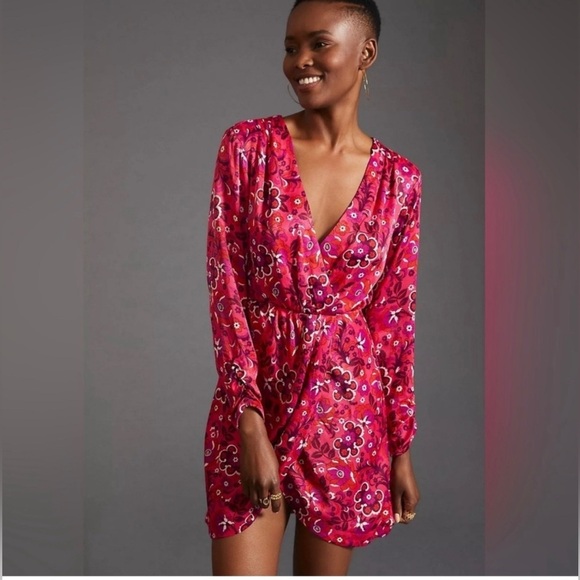 NWT Anthropologie|| Maeve Satin Floral Wrap Mini Dress, Size Small Petite - Picture 2 of 9